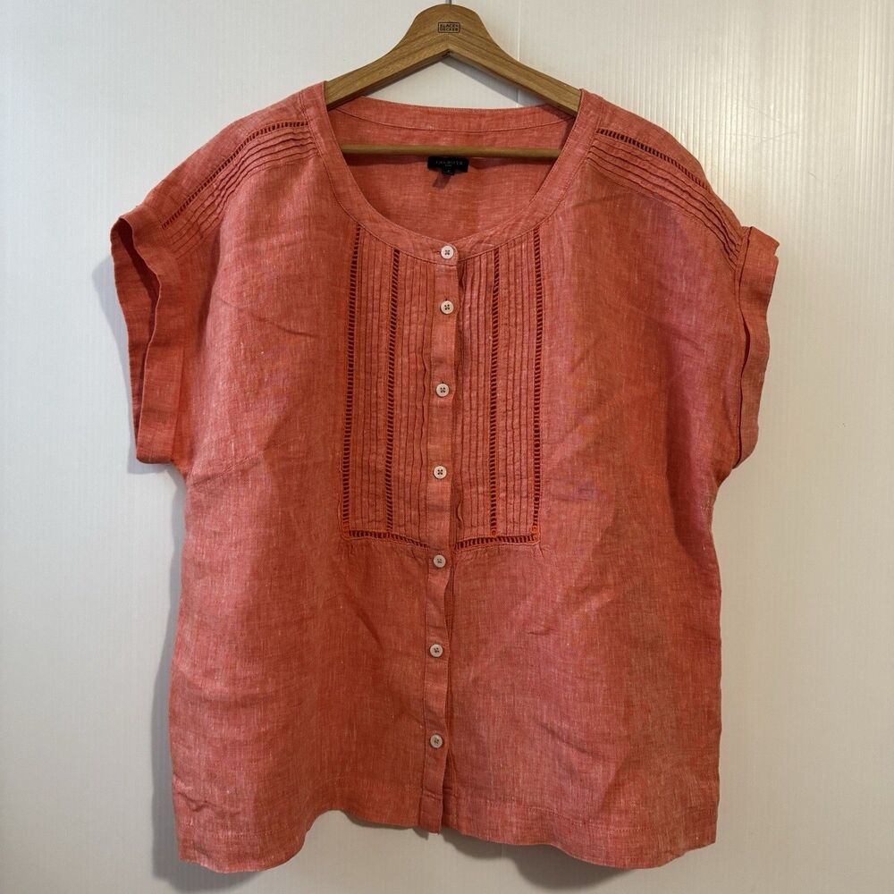 Talbots Plus Coral Orange 100% Linen Pintuck Short Sleeve Women’s Top Sz X